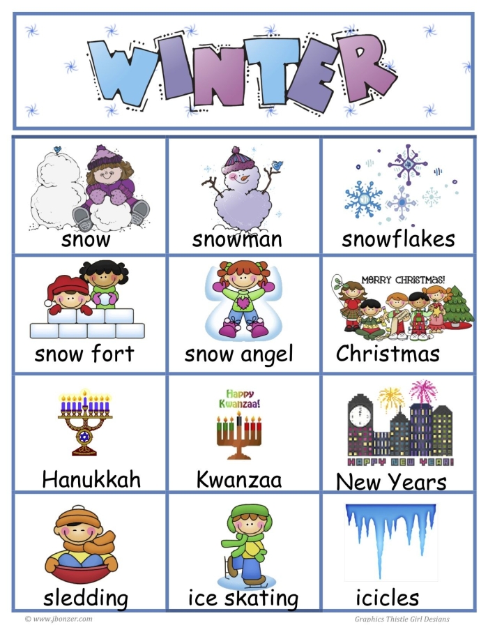 Winter Words worksheet for young learners to practice writing and matching winter-themed words Kindergarten Winter Words worksheet showing word bank and pictures for matching winter vocabulary