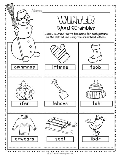 Winter Words worksheet for young learners matching winter vocabulary to images in kindergarten grammar practice Kindergarten Winter Words worksheet with pictures and word bank for writing five seasonal terms