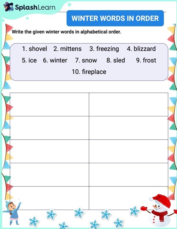 Winter Words worksheet for young learners matching words to winter images Kindergarten worksheet showing winter vocabulary with pictures and a word bank