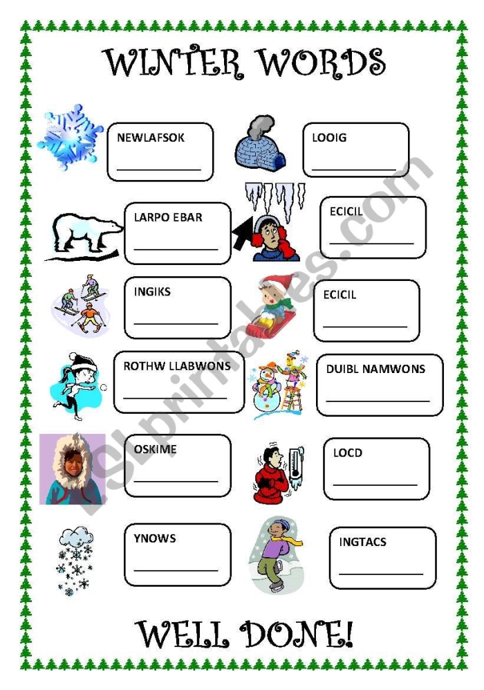 Winter Words worksheet for young learners to match words with winter images Kindergarten worksheet with winter-themed words and pictures for writing practice
