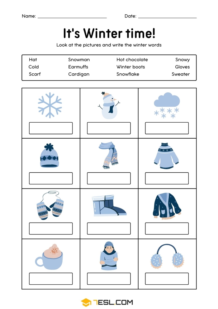 Winter-themed vocabulary worksheet for young learners to match words with images in grade K Kindergarten Winter Words worksheet with pictures and word bank for writing five seasonal terms