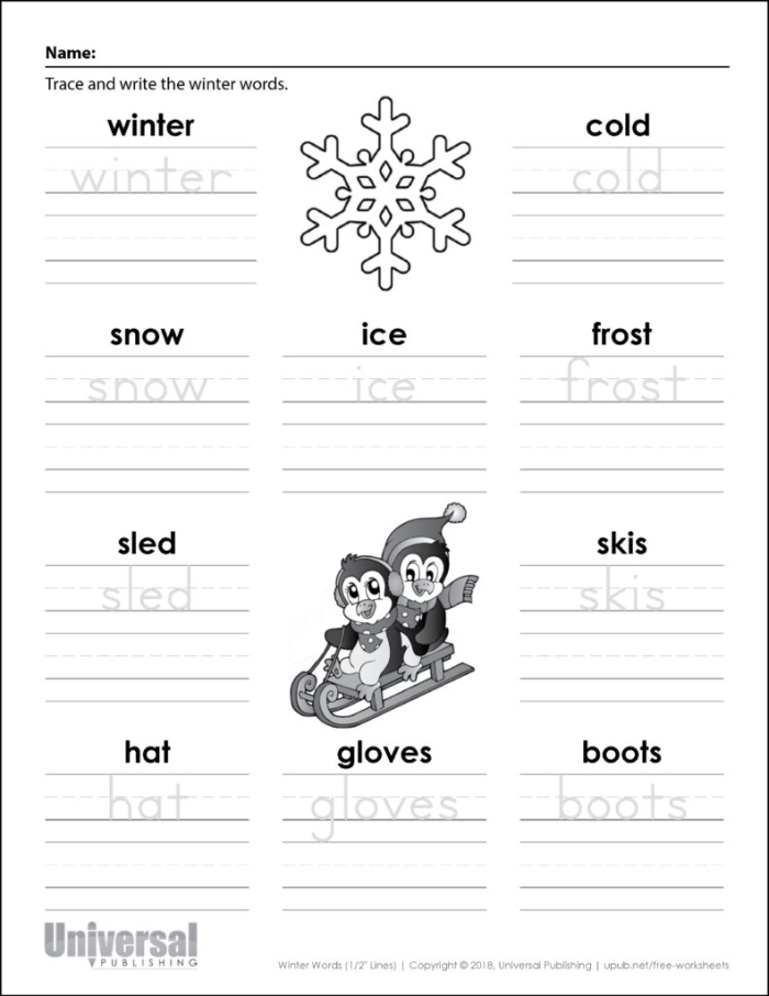 Winter Words activity sheet for kindergarten featuring five seasonal images and matching words 23 Kindergarten Winter Words worksheet with pictures and word bank for writing winter-themed vocabulary