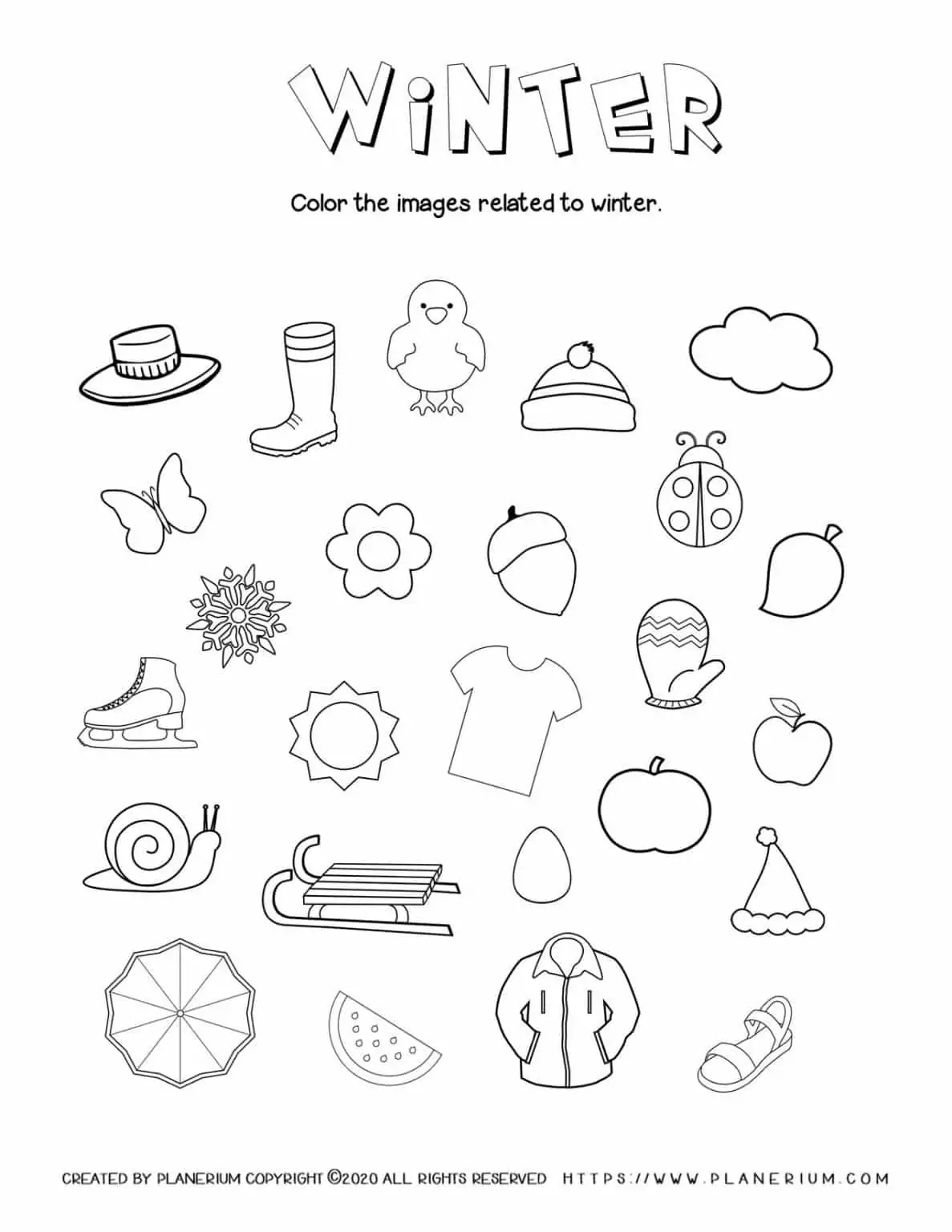 Winter Words worksheet for young learners matching winter vocabulary to images in kindergarten level Kindergarten Winter Words worksheet with pictures and a word bank for writing five seasonal words