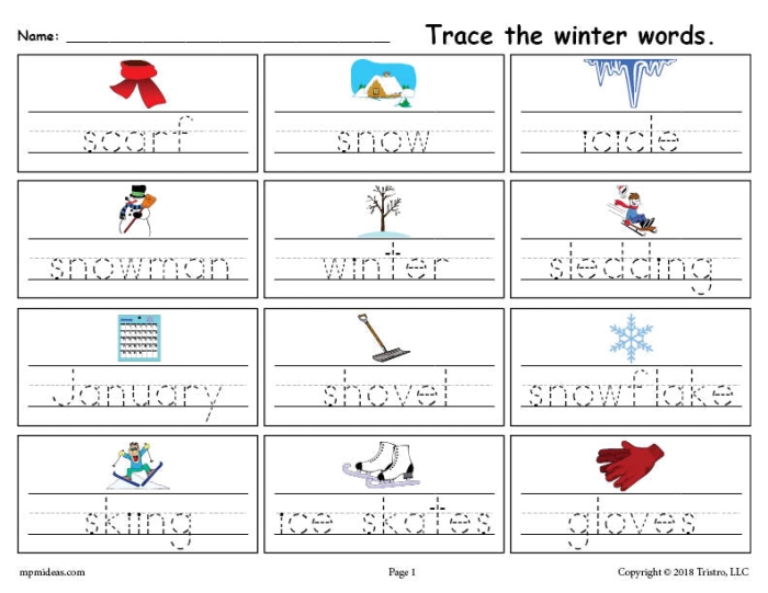 Winter-themed vocabulary practice worksheet for kindergarten students with matching pictures and words Kindergarten Winter Words worksheet showing pictures with a word bank for writing winter-themed vocabulary