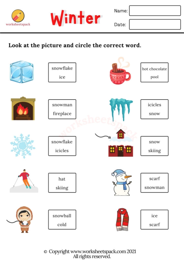 Winter Words worksheet for young learners with pictures to label in a seasonal activity Kindergarten worksheet showing winter-themed pictures with space to write matching words from a word bank