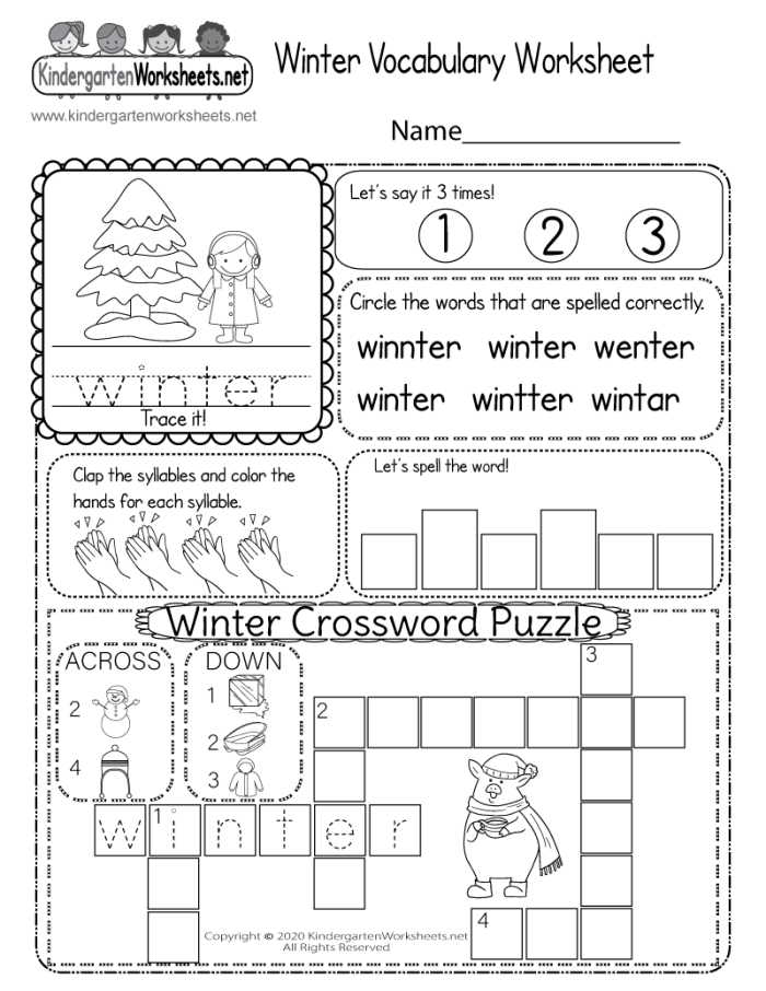 Winter Words worksheet for kindergarten with matching words to images on a snowy theme, Image 10 Kindergarten Winter Words worksheet featuring a word bank and pictures to label five winter-themed items