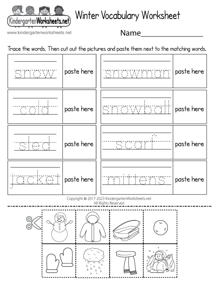 Winter Words worksheet for young learners matching words to winter images Kindergarten winter-themed worksheet with pictures and a word bank for writing five words