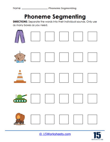 Segmenting sounds in words activity for kindergarten assessment number 15 Kindergarten student completing an end of year word segmenting worksheet