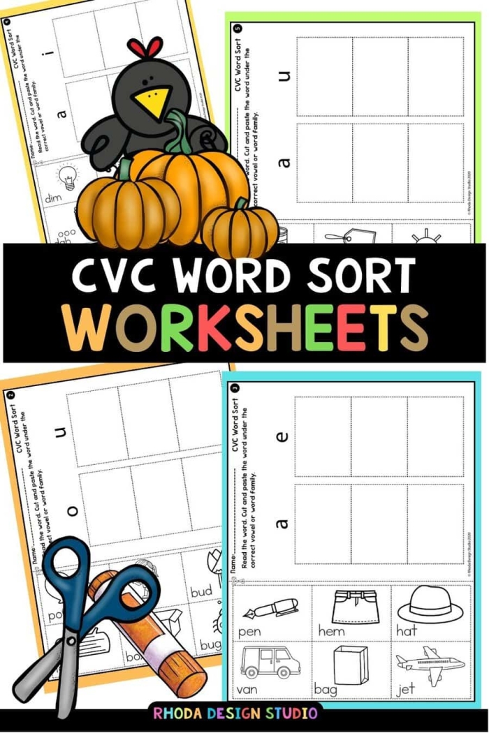 Short I CVC Word Sort worksheet featuring -ig and -in words for kindergarten students