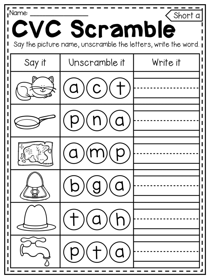Short I CVC Word Sort worksheet featuring -ig and -in words for Kindergarten students