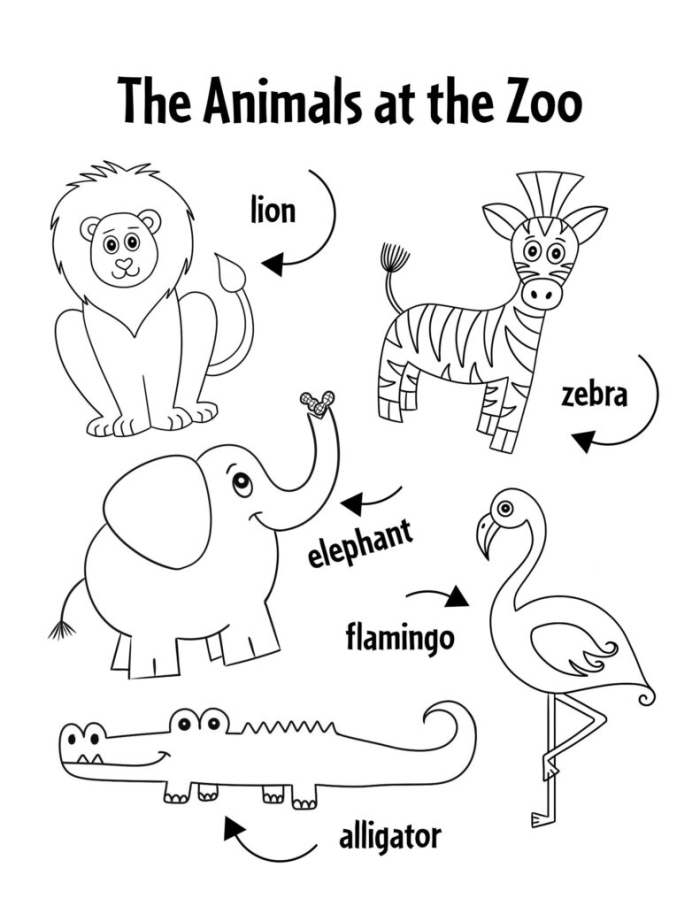 A kindergarten worksheet showing colorful zoo animals with a blank drawing space for children to illustrate their favorite animal from the poem