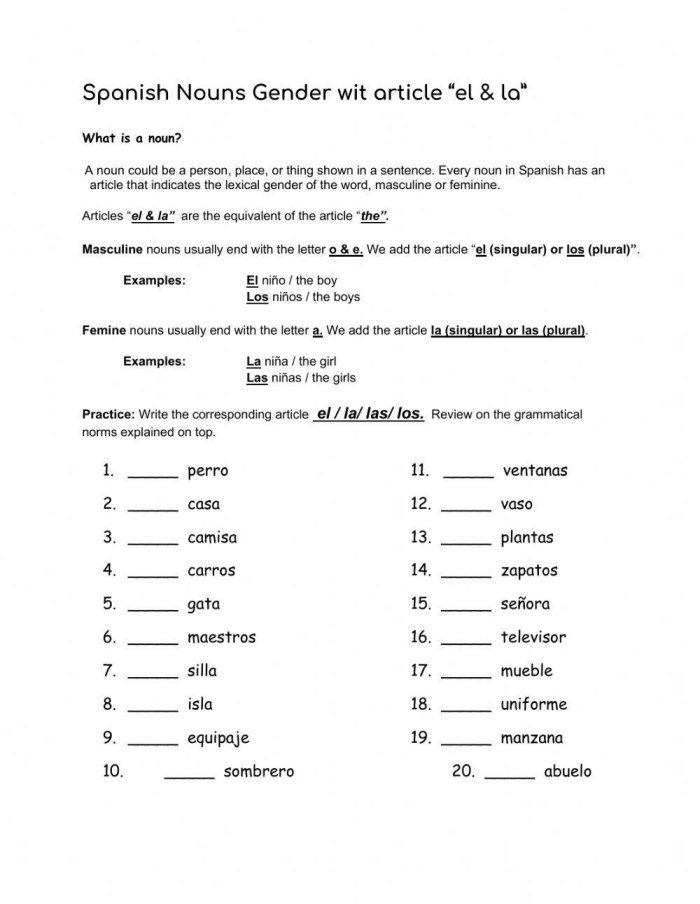Worksheet illustrating the differences between "la" and "el" for fourth graders