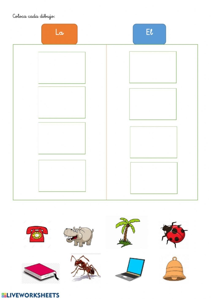 Worksheet featuring "la" and "el" examples for Spanish learners