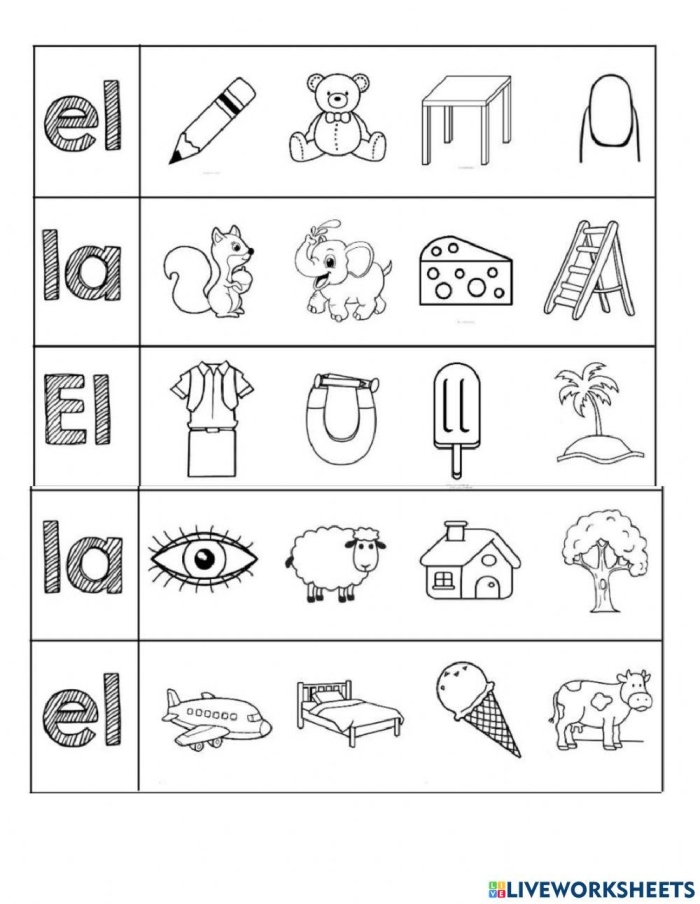 Worksheet illustrating the use of "la" and "el" in Spanish with examples for fourth graders