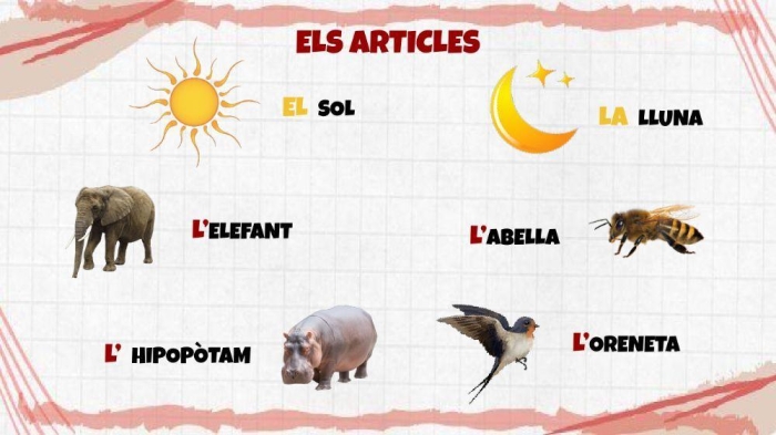 Worksheet illustrating the usage of "la" and "el" in Spanish for fourth graders