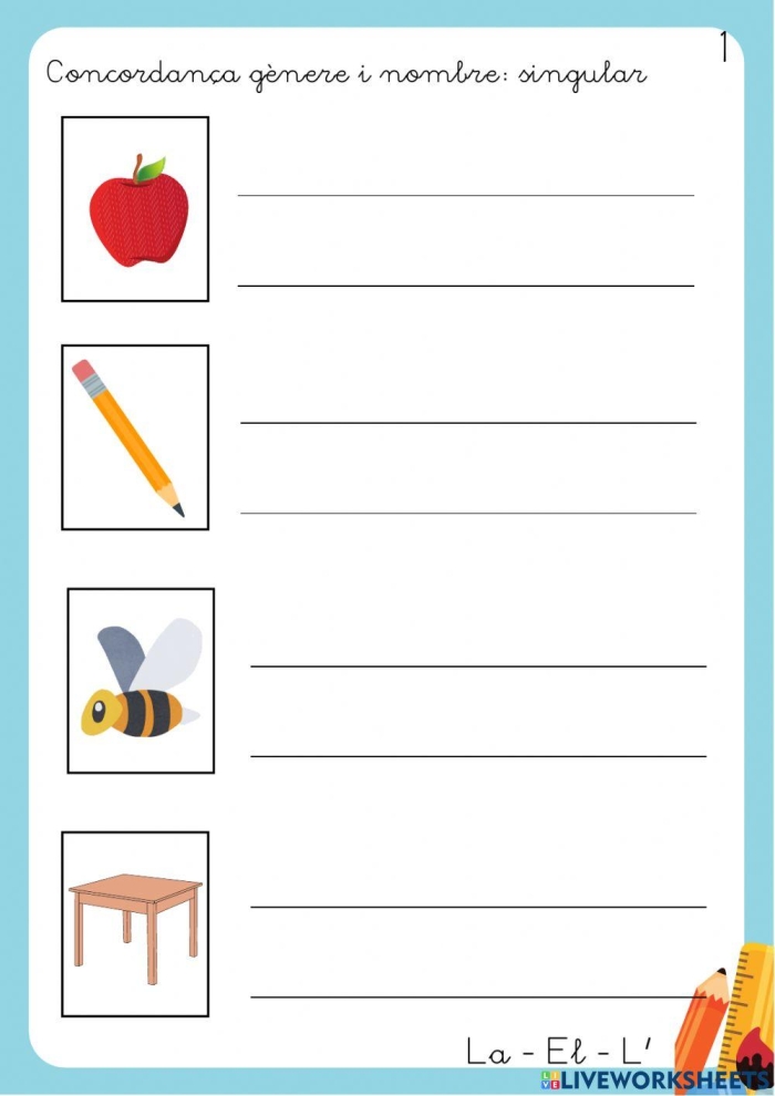 Worksheet showing examples of "la" and "el" for fourth-grade Spanish learners
