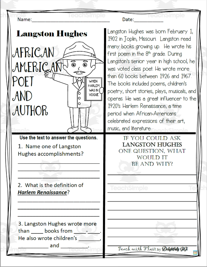 Educational resource image for the Langston Hughes Historical Heroes worksheet designed for 4th grade students Worksheet featuring Langston Hughes for fourth graders to explore historical figures and subtraction concepts