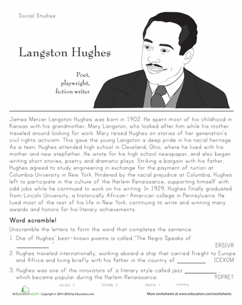 Subtraction worksheet for Fourth Grade Children engaging with the Historical Heroes worksheet focused on Langston Hughes and subtraction. Educational activity sheet featuring Langston Hughes for fourth-grade students.