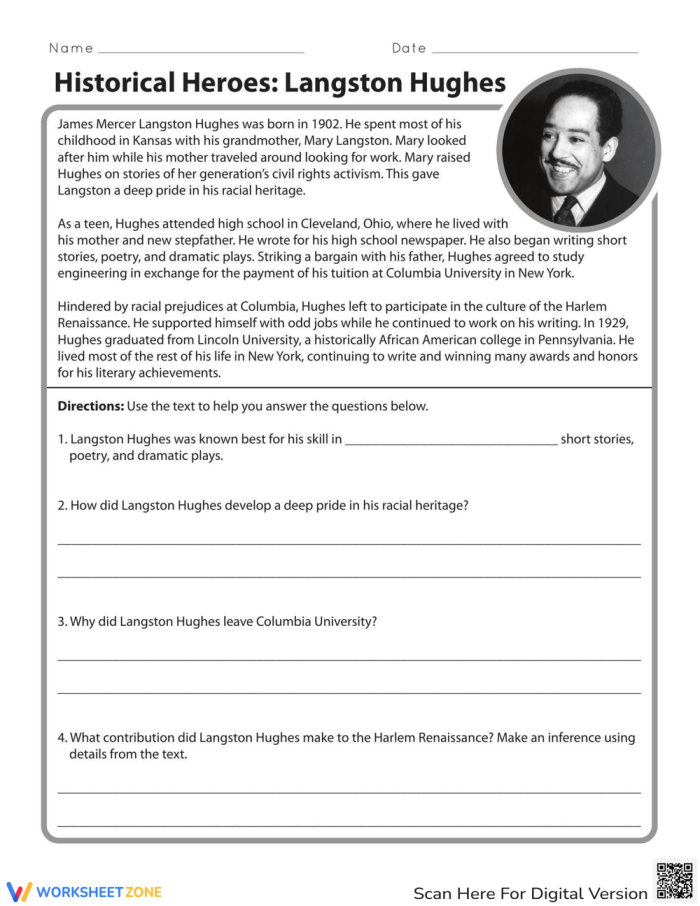 Subtraction worksheet for Fourth Grade Children engaging with the Langston Hughes Historical Heroes worksheet focused on subtraction. Educational resource showcasing Langston Hughes for fourth-grade students.