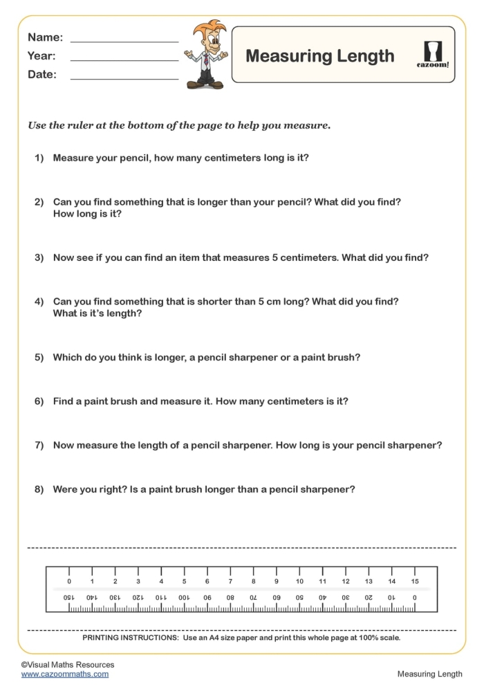 First Grade worksheet for measuring the length of everyday items at home