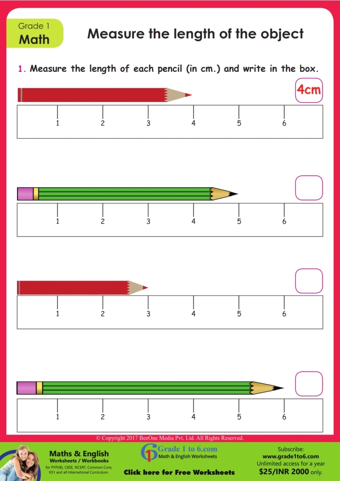 First Grade worksheet focused on measuring the length of everyday items at home
