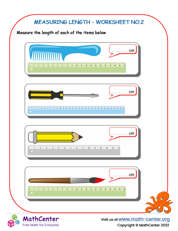 First Grade worksheet focused on measuring the length of common household items