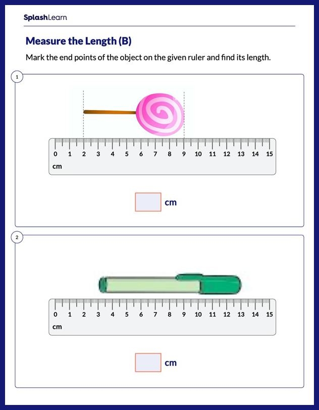 First Grade child measuring household items on a printable worksheet for length practice
