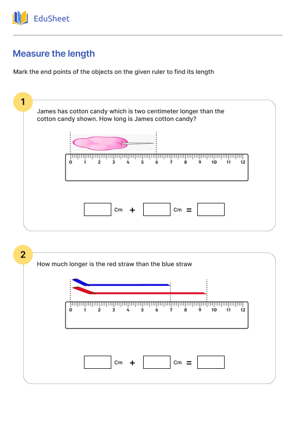 First grade student practicing measuring the length of items on a worksheet