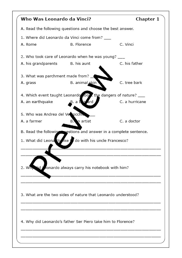 ALT text for a Leonardo da Vinci worksheet featuring students creating art inspired by his work