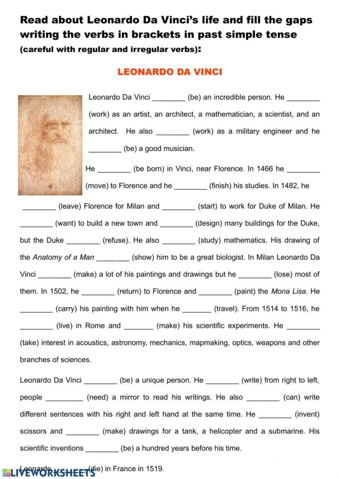Leonardo da Vinci worksheet for fifth graders exploring his life and artistic process