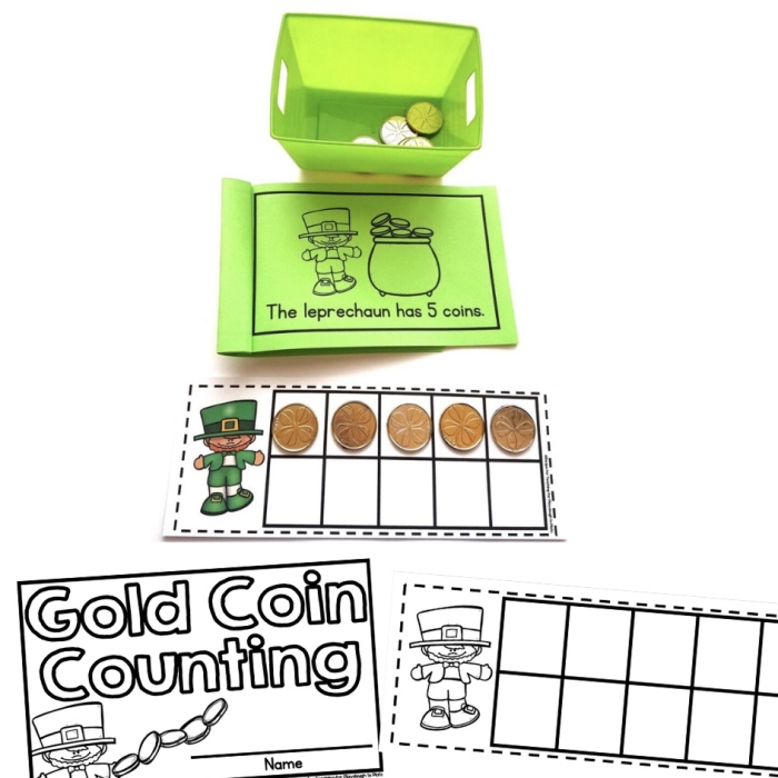 Leprechaun Coin Toss worksheet for first graders, featuring a fun penny toss game for St. Patrick's Day