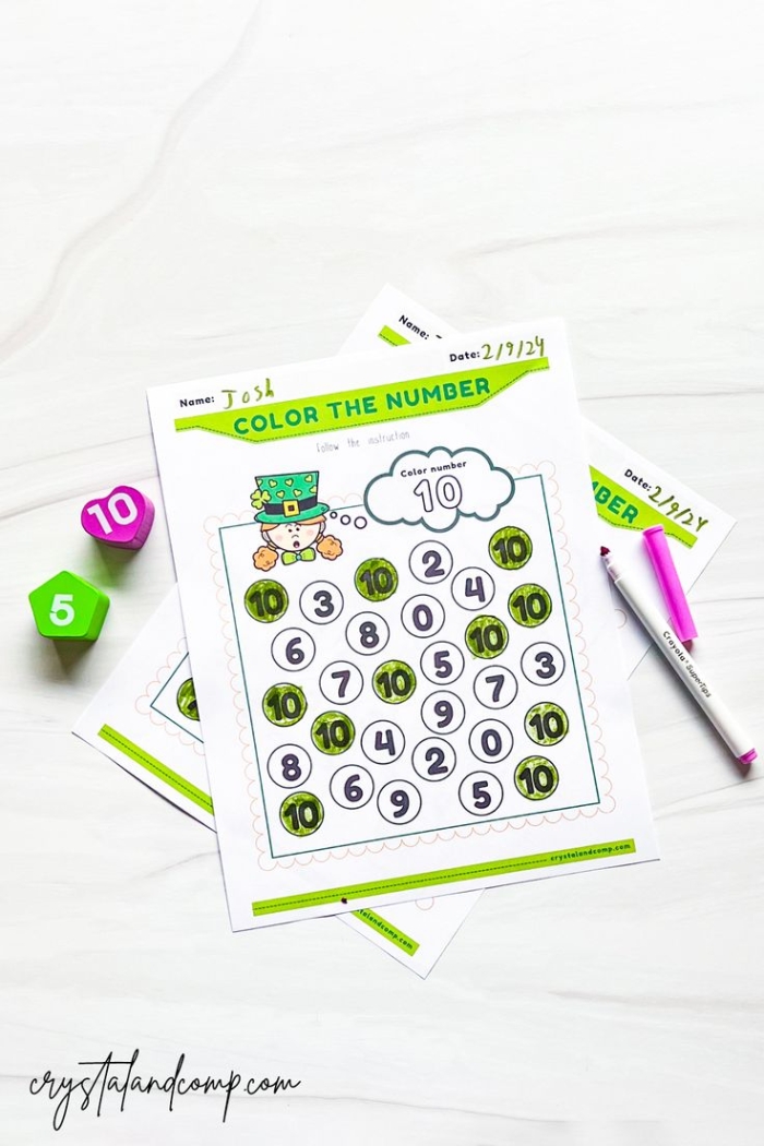 Leprechaun Coin Toss worksheet featuring a fun penny toss game for first graders