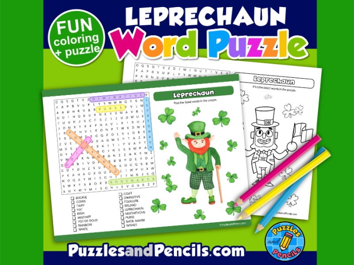Fun St. Patrick's Day word search activity for kids to discover hidden words Leprechaun Word Search worksheet for first graders focusing on decimals