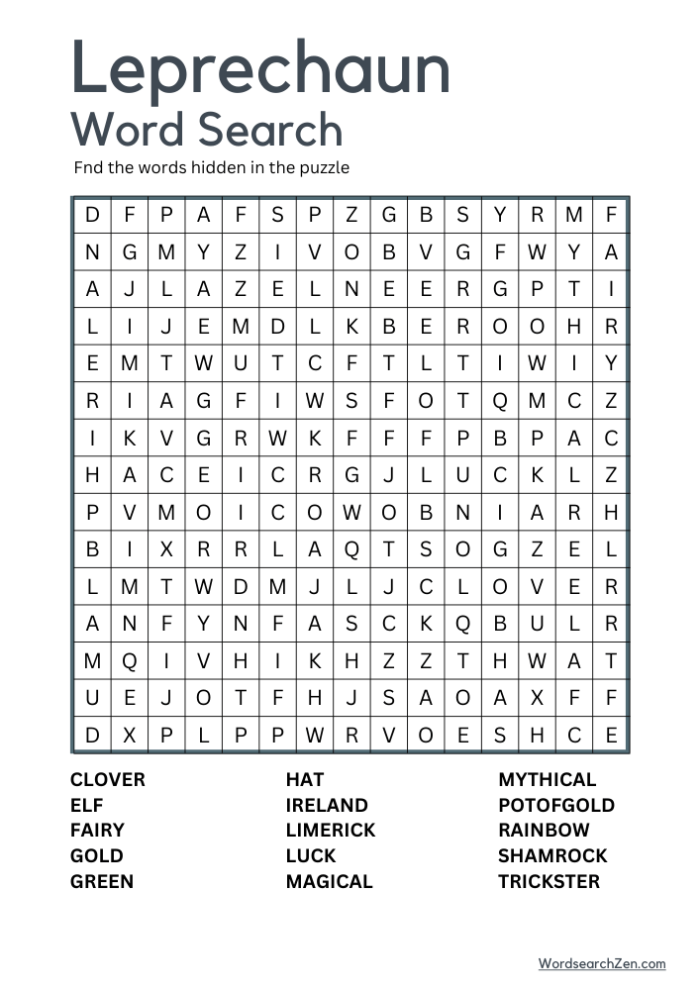 Fun St. Patrick's Day word search activity for young learners Leprechaun Word Search worksheet for first graders focusing on decimals