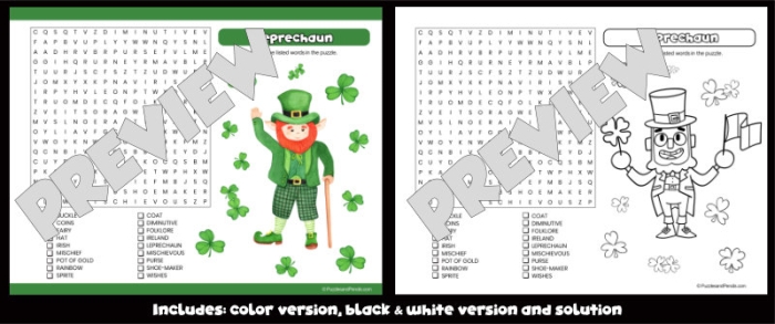 St. Patrick's Day word search activity for kids to find hidden words Leprechaun-themed word search worksheet for first graders focusing on decimals