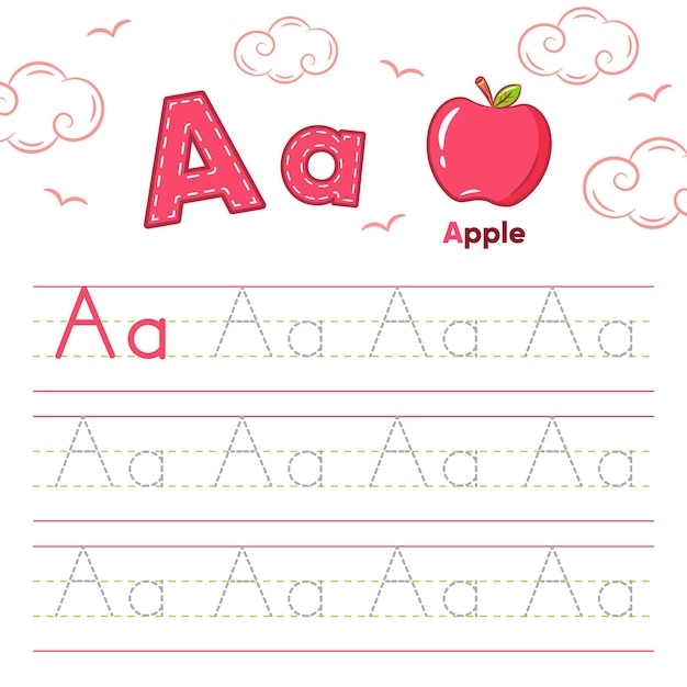 Pre-K letter A practice worksheet with apple illustrations and writing lines for beginners A is for Apple worksheet showing letter A tracing and apple coloring activity for Pre-K students practicing fine motor skills