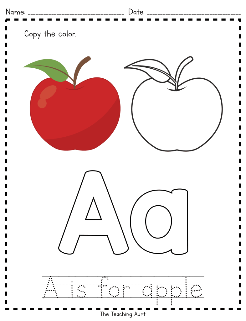 Pre-K letter A writing activity with apples for fine motor skill development image 5 A is for Apple worksheet showing a child tracing and writing the letter A with apple illustrations for coloring practice