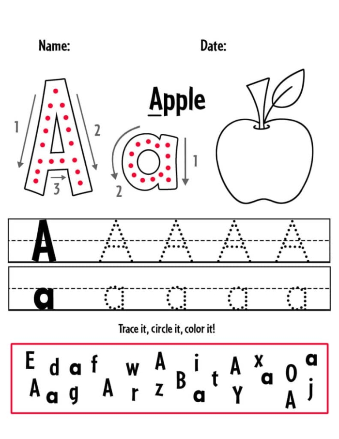 Pre-K letter A practice worksheet with apple coloring and letter tracing activities for fine motor skill development A is for Apple worksheet showing apples to color, letter A tracing practice, and writing exercises for Pre-K students