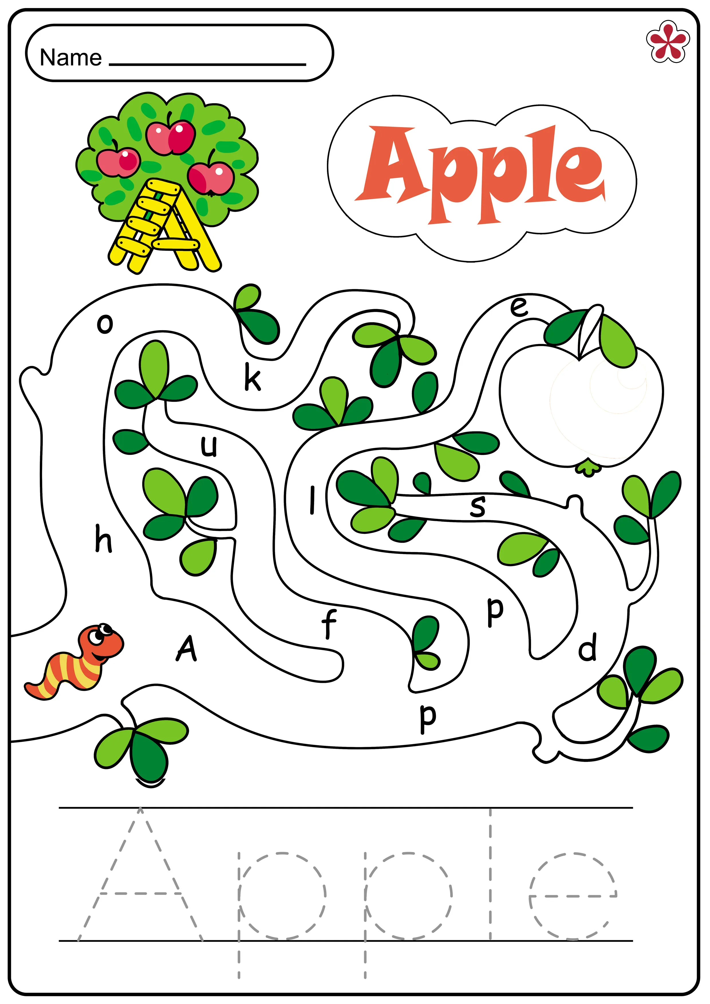 Apple letter A writing activity worksheet image 13 with coloring and tracing exercises A is for Apple worksheet showing a child tracing and writing the letter A with apple illustrations for Pre-K fine motor practice