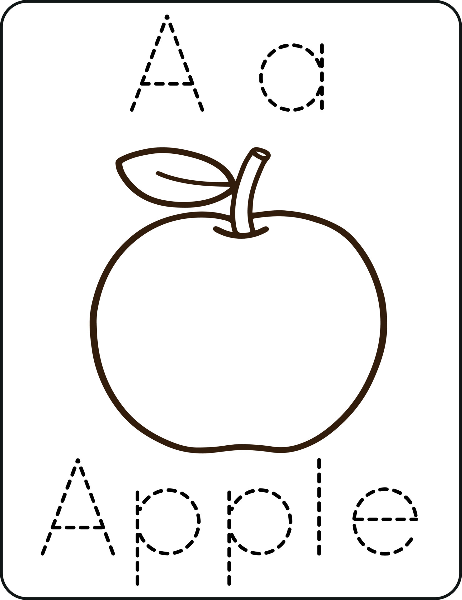 Pre-K letter A writing practice worksheet with apple illustrations and tracing lines for handwriting development A is for Apple worksheet showing letter tracing and apple coloring activities for preschool fine motor skills practice