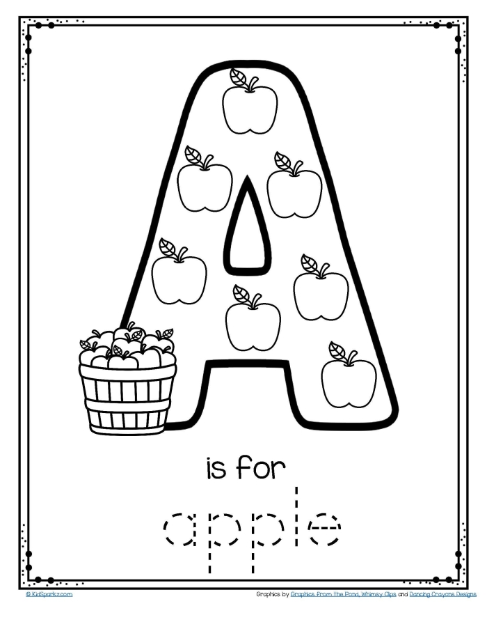 Pre-K letter A practice worksheet with apples coloring and handwriting exercises for fine motor skill development A is for Apple worksheet showing a child practicing letter A tracing and writing with apple coloring activities for Pre-K learners