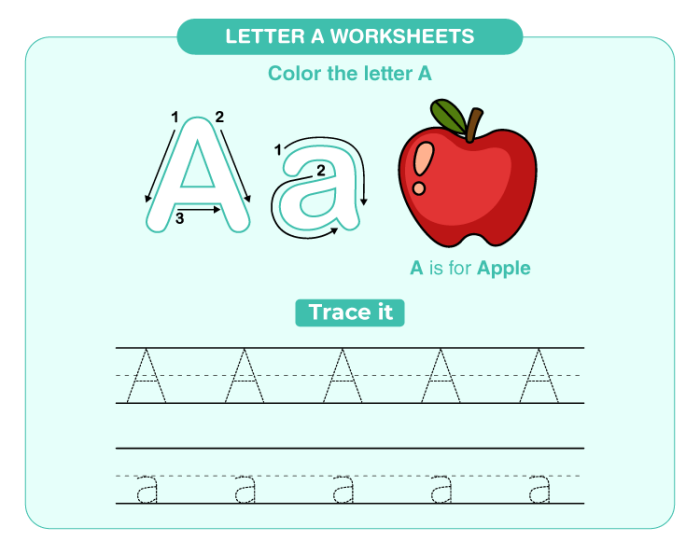 Pre-K letter A writing activity with apples for fine motor skill development image 14 A is for Apple worksheet showing a child tracing and writing the letter A with apple illustrations for coloring practice