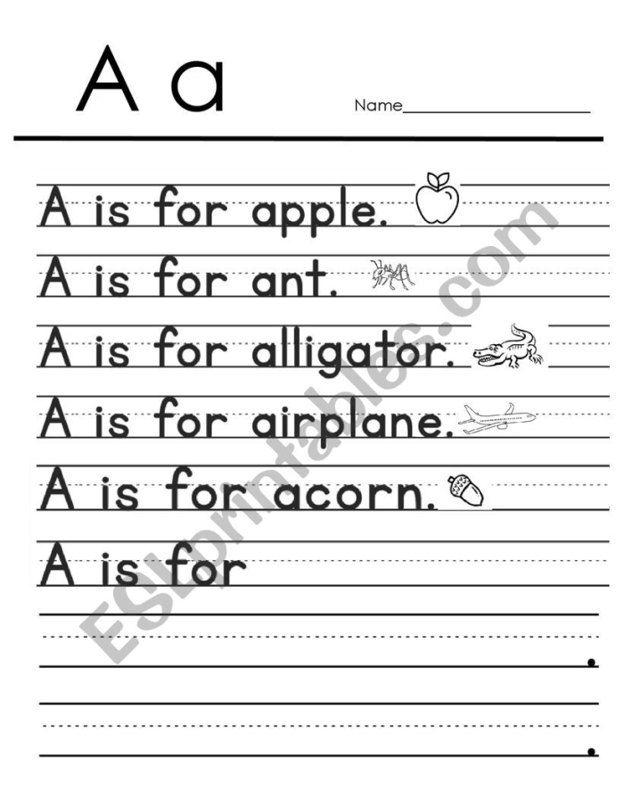 Pre-K letter A writing activity with apples for fine motor skill development A is for Apple worksheet showing a child tracing and writing the letter A with apple illustrations for coloring practice