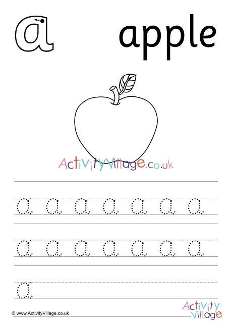 Pre-K apple alphabet activity with letter A writing practice and fine motor skills development A is for Apple worksheet showing a child practicing letter A tracing and writing with apple illustrations for coloring