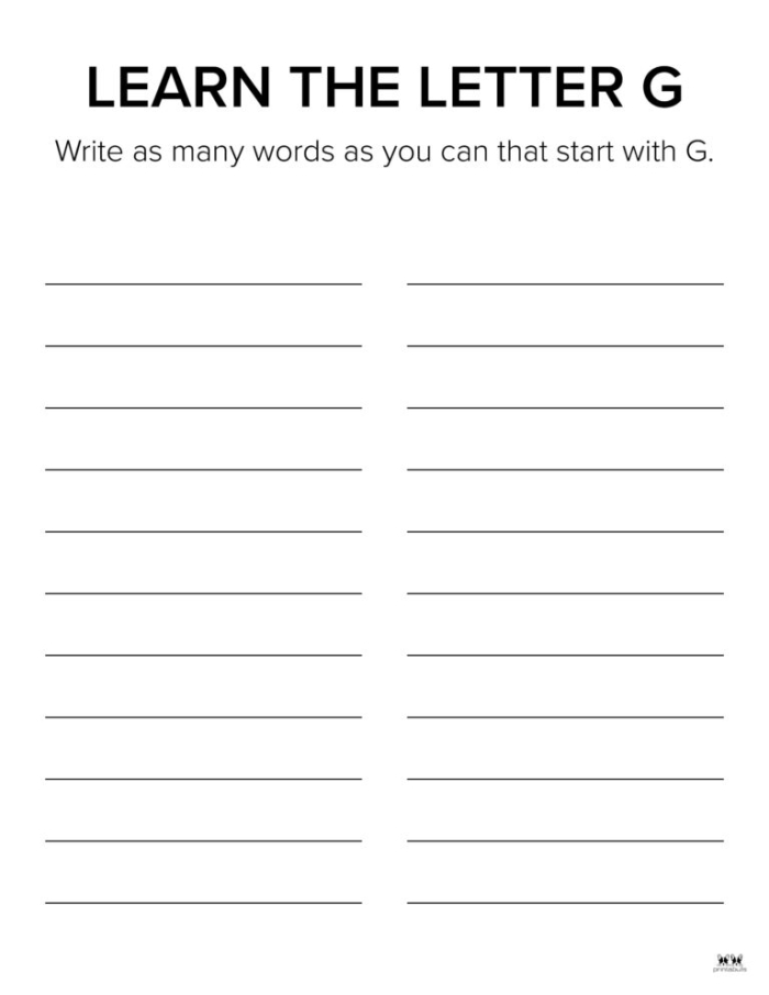 Preschool worksheet focused on the letter G with addition and coloring activities