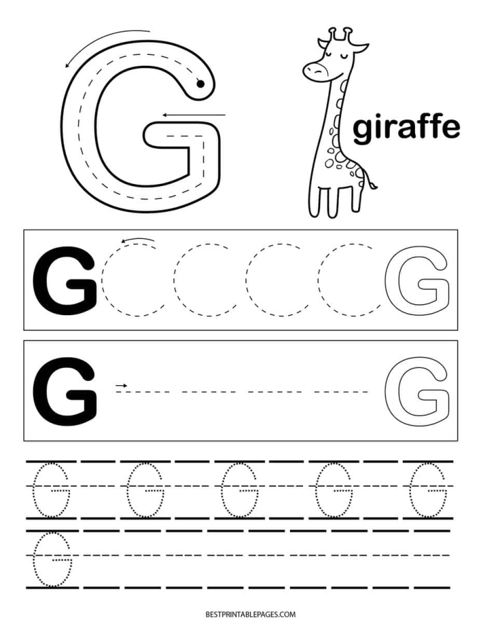 Preschool worksheet featuring the letter G with addition exercises and coloring activities