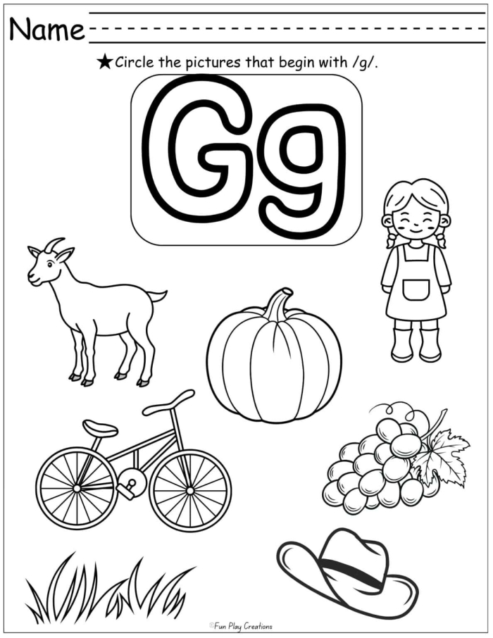 Preschool worksheet focused on the letter G with addition and coloring activities