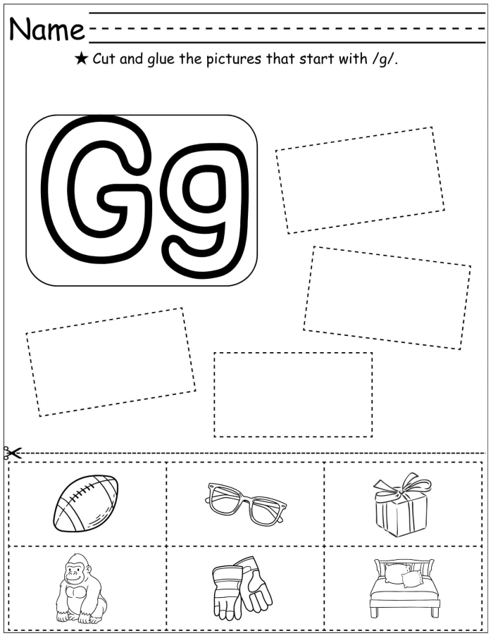 Preschool worksheet featuring the letter G with fun addition exercises and coloring activities