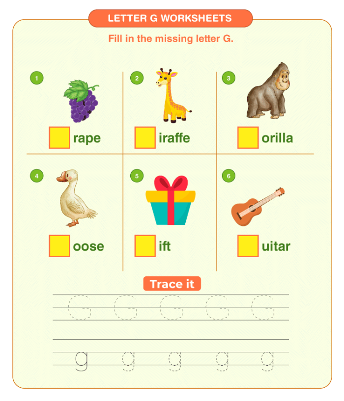 Preschool worksheet focusing on letter G with coloring and addition activities