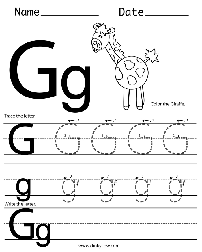 Preschooler coloring a G Is For worksheet to learn letter G sounds and addition skills